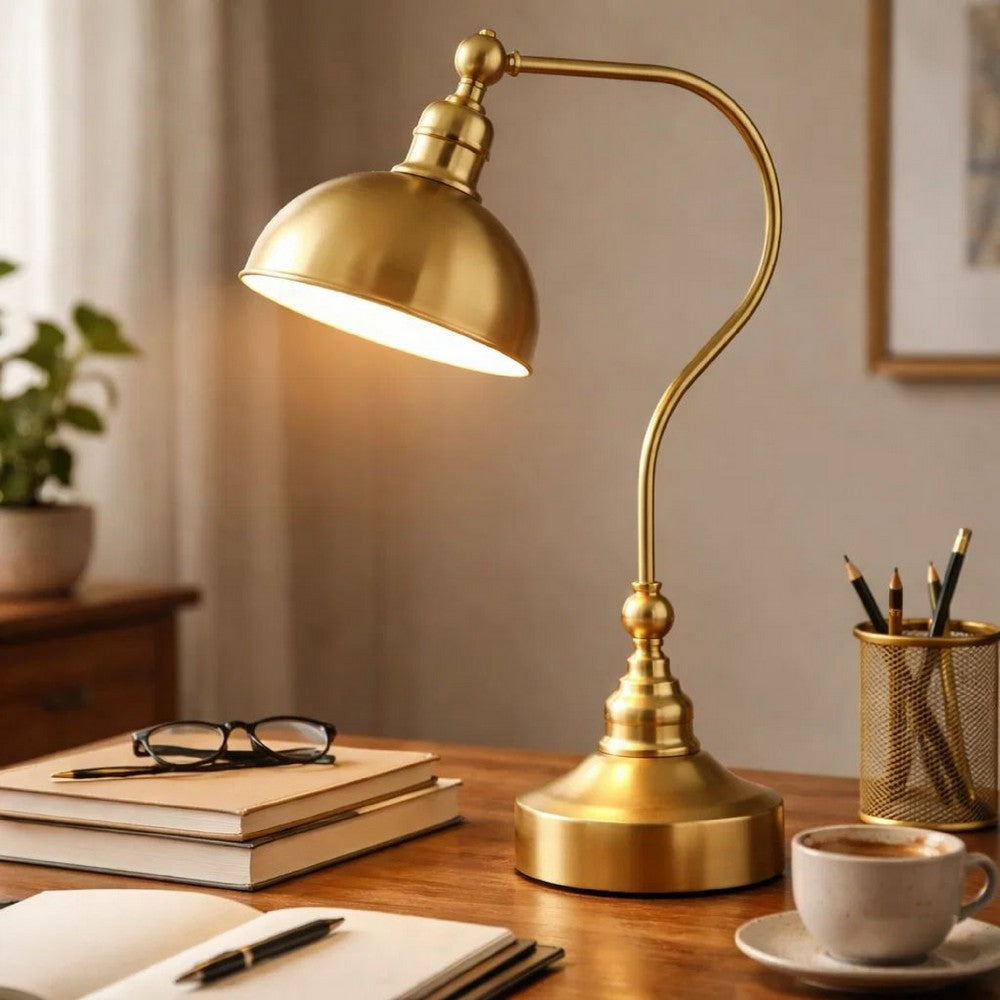 Desk Lamp | 25" | Curved Metal | Dome Shade | Brass