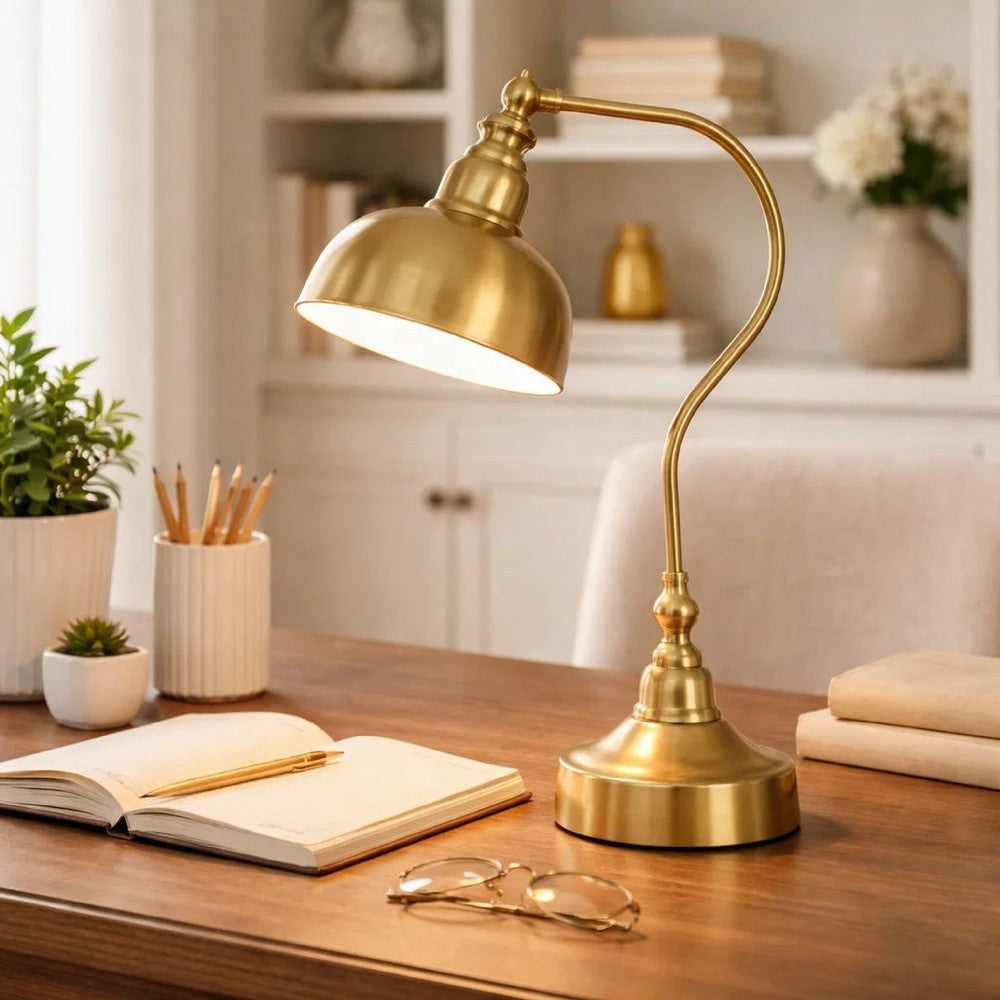 Desk Lamp | 25" | Curved Metal | Dome Shade | Brass