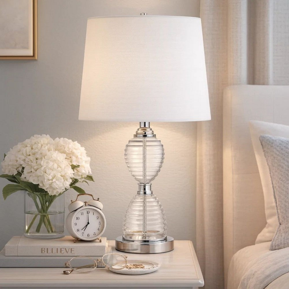Table Lamp | 23" | Hourglass Ribbed Glass Base | Dimmer | Clear