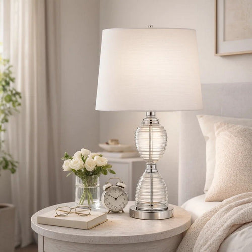 Table Lamp | 23" | Hourglass Ribbed Glass Base | Dimmer | Clear