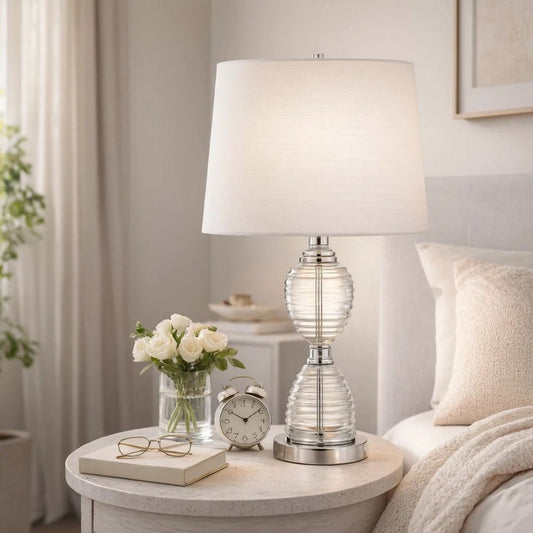Table Lamp | 23" | Hourglass Ribbed Glass Base | Dimmer | Clear