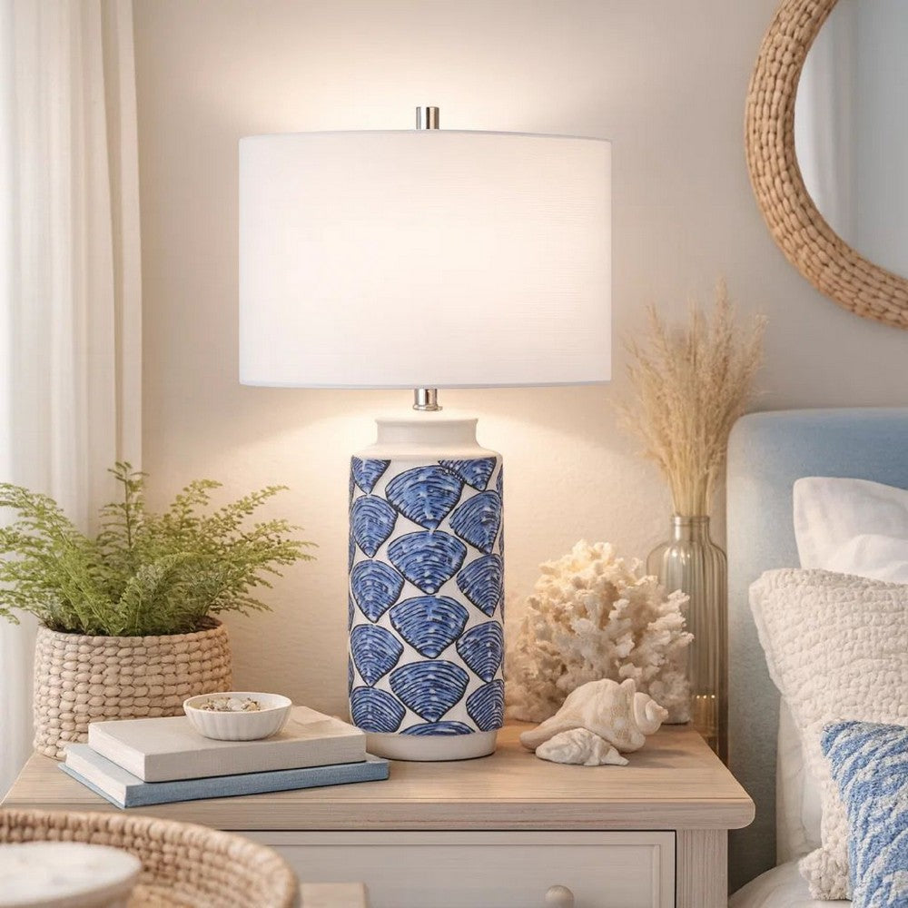 Table Lamp | 27" | Coastal Ceramic | Sea Shells | Dimmer | Blue