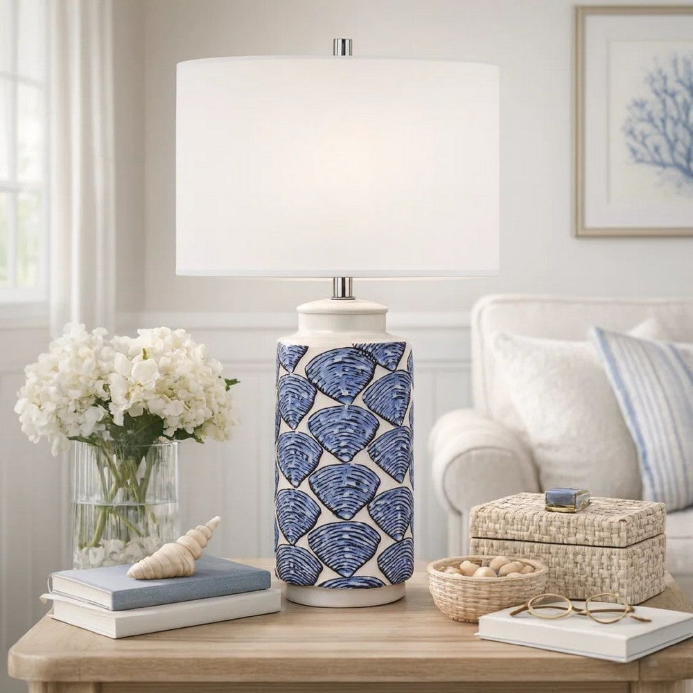 Table Lamp | 27" | Coastal Ceramic | Sea Shells | Dimmer | Blue