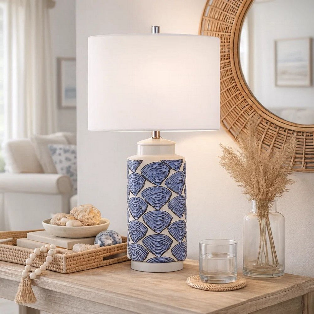Table Lamp | 27" | Coastal Ceramic | Sea Shells | Dimmer | Blue