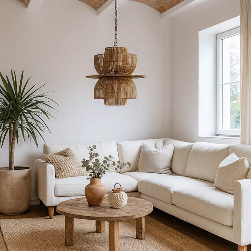 Pendant Chandelier | 24" Diameter | Rattan | Natural Brown & Brass