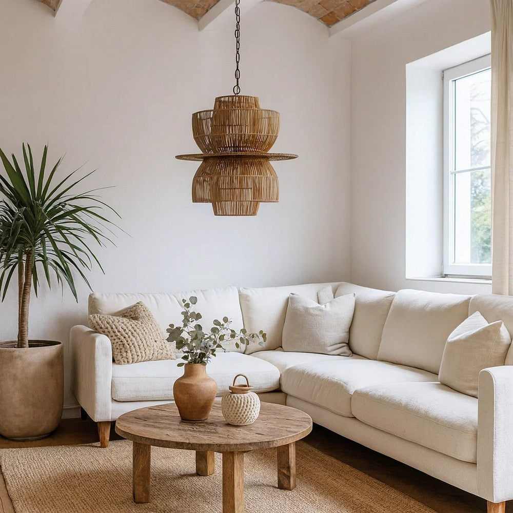 Pendant Chandelier | 24" Diameter | Rattan | Natural Brown & Brass