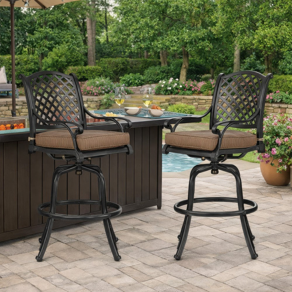 Zoe Outdoor Barstool | 49" Swivel | Set of 2 | Black & Brown