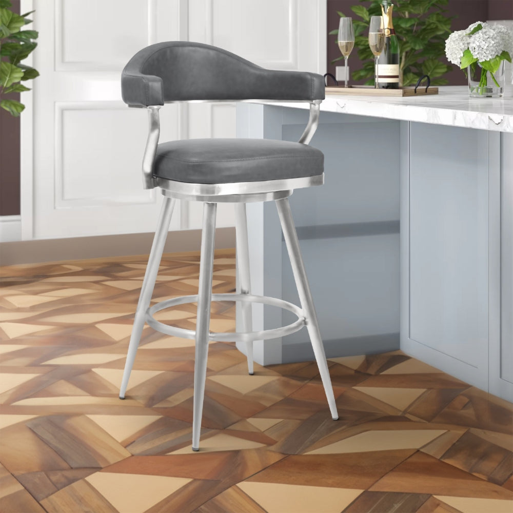 Counter Stool | 26" | Vegan Faux Leather | Gray & Silver