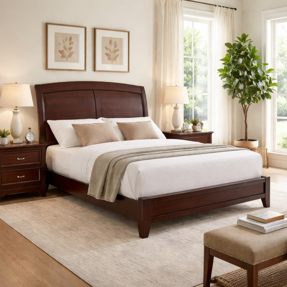 Kyle Low Profile Wood California King Bed, Sleigh Headboard, Cherry Brown