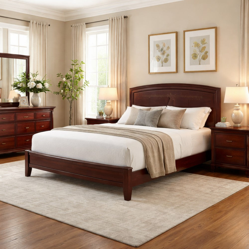 Kyle Soild Wood Low Profile King Bed with Sleigh Headboard, Cherry Brown