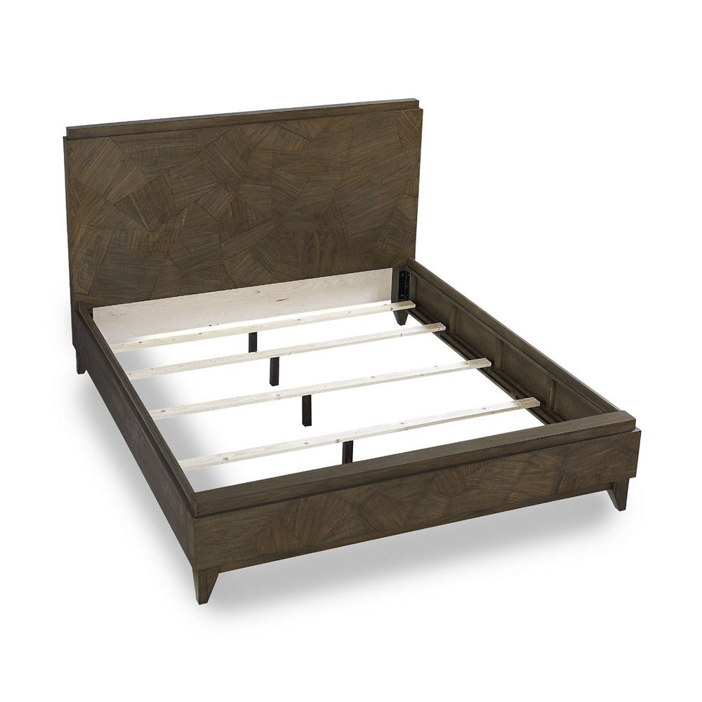 Dee Mahogany Wood Low Profile King Bed Geometric Design Oat Brown