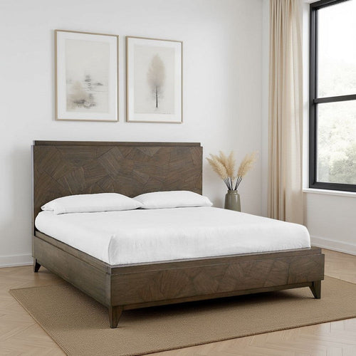 Dee Mahogany Wood Low Profile Queen Bed, Geometric Oat Brown