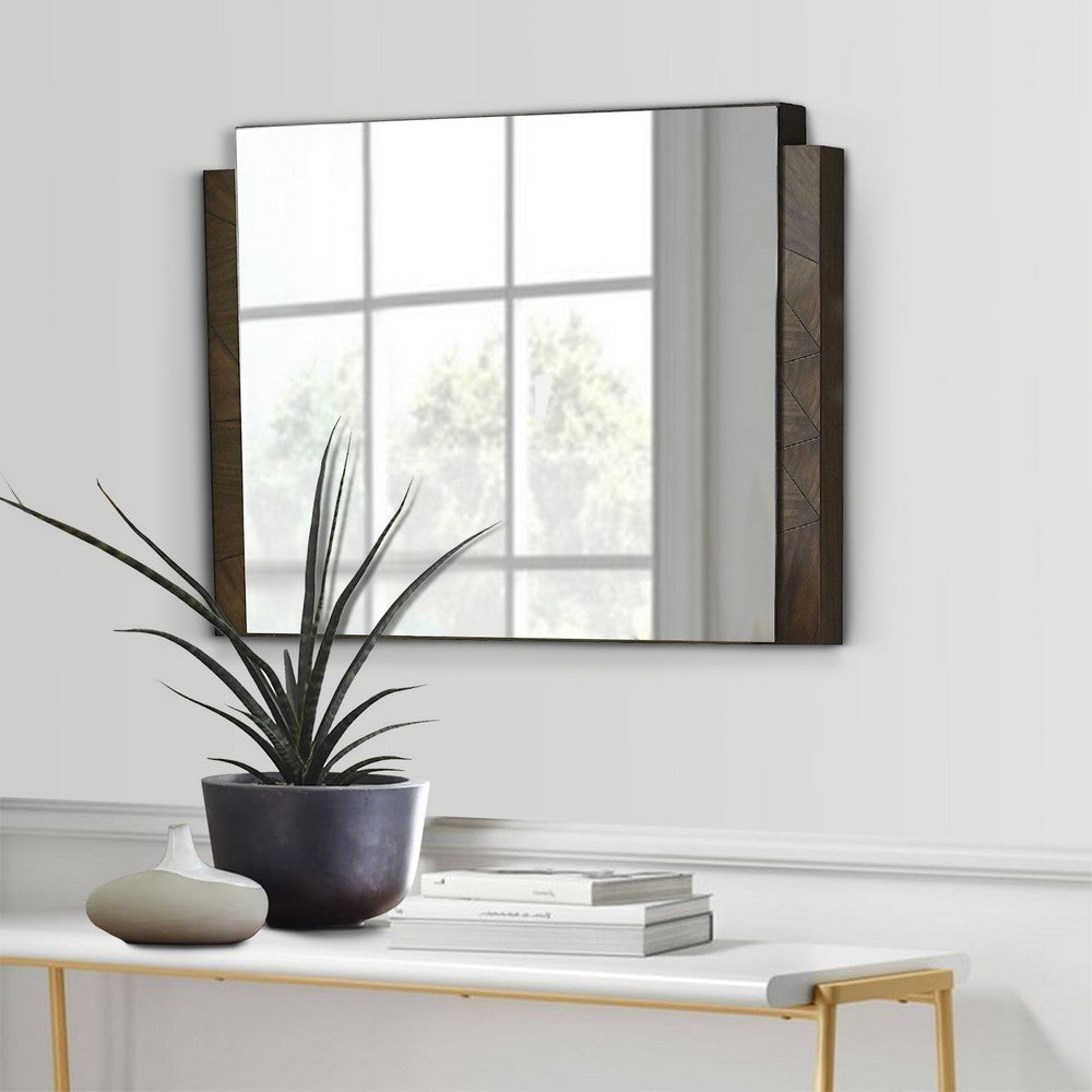 40 Inch Dee Rectangular Chest Wall Mirror, Geometric Oat Brown Wood Accents