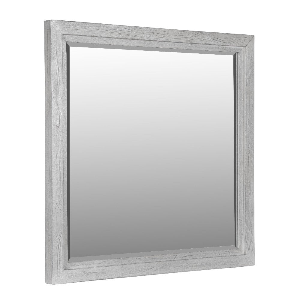 40 Inch Lou Rectangular Mirror, Wood Frame, Grain Details, Washed White