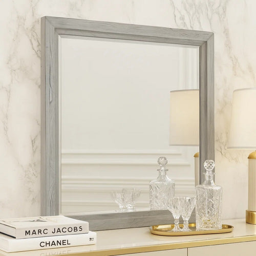 40 Inch Lou Rectangular Mirror, Wood Frame, Grain Details, Washed White