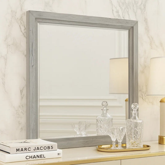 40 Inch Lou Rectangular Mirror, Wood Frame, Grain Details, Washed White