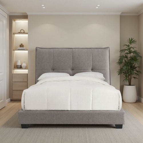Amy Low Profile Full Bed, Knife Edges, Tufted Linen, Gray
