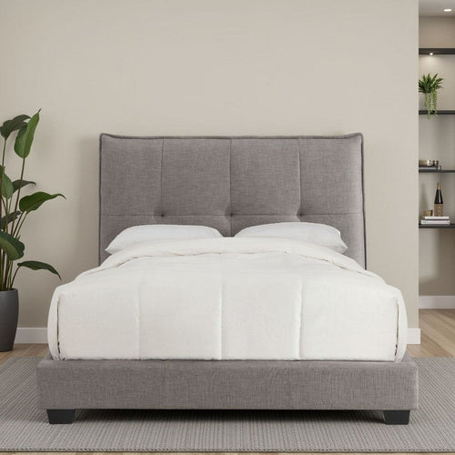 Amy Low Profile Queen Bed, Tufted Linen, Knife Edges, Gray