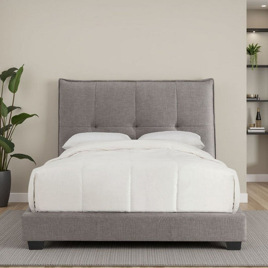Amy Low Profile Queen Bed, Tufted Linen, Knife Edges, Gray