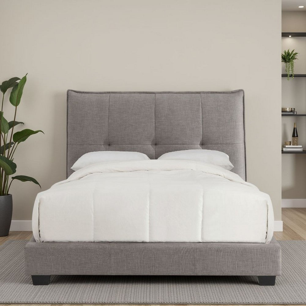 Amy Low Profile Queen Bed, Tufted Linen, Knife Edges, Gray