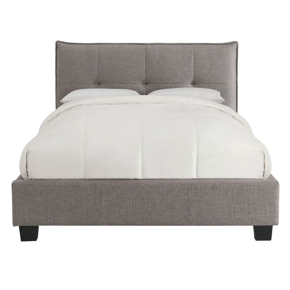 Amy Low Profile Queen Bed, Tufted Linen, Knife Edges, Gray