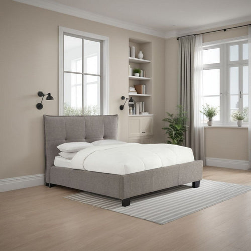 Amy Low Profile Full Bed, Tufted Linen, Wide Storage, Gray