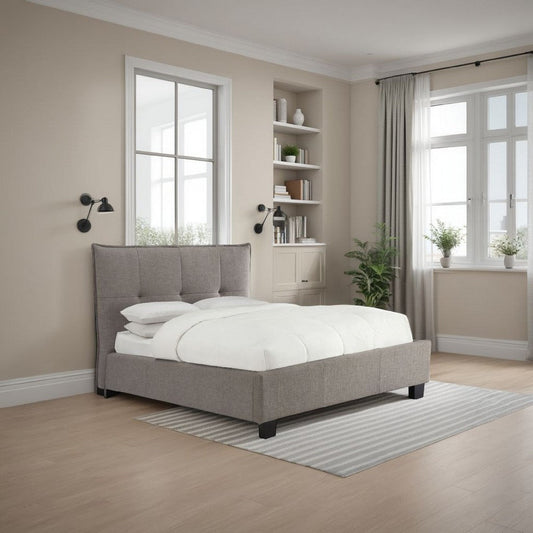Amy Low Profile Full Bed, Tufted Linen, Wide Storage, Gray