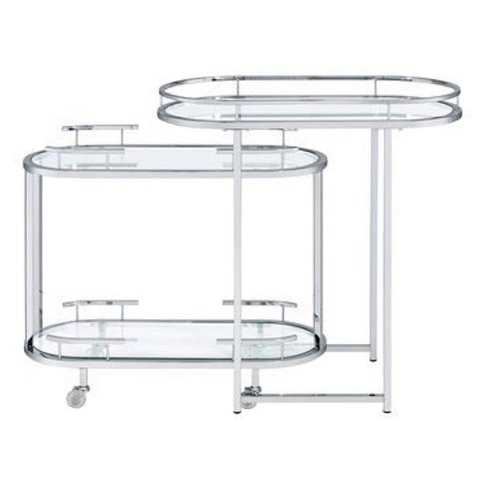 16 Inch Curved 2 Tier Serving Bar Cart with Tempered Glass Shelves Silver BM273224