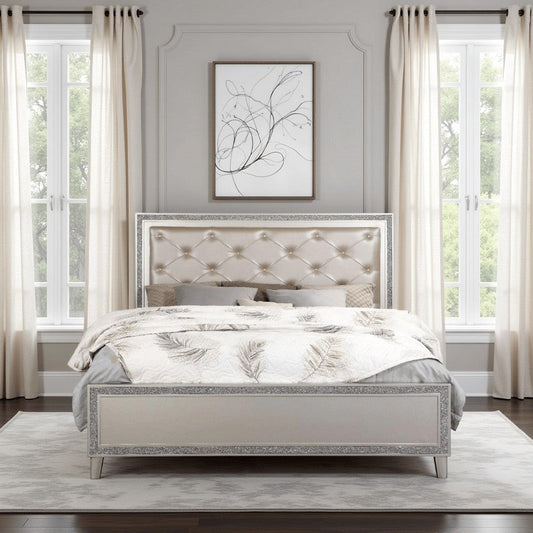Lee 2 Drawer Faux Leather Tufted King Bed, Champagne
