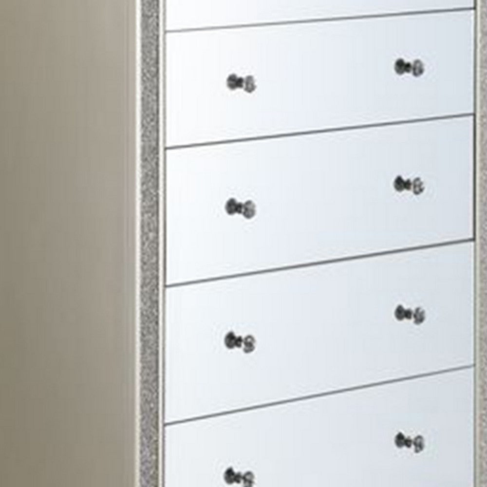 51 Inch Lee 5 Drawer Mirrored Tall Chest Dresser Acrylic Trim Champagne BM273233