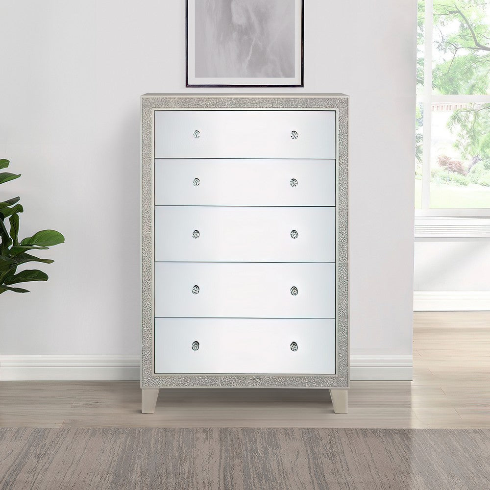 51 Inch Lee 5 Drawer Mirrored Tall Chest Dresser, Acrylic Trim, Champagne