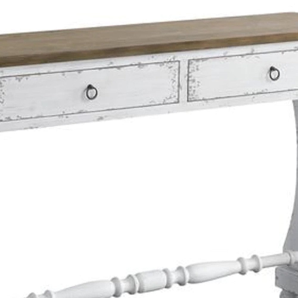 48 Inch 2 Drawer Console Table Ring Metal Handles Distressed White BM273238