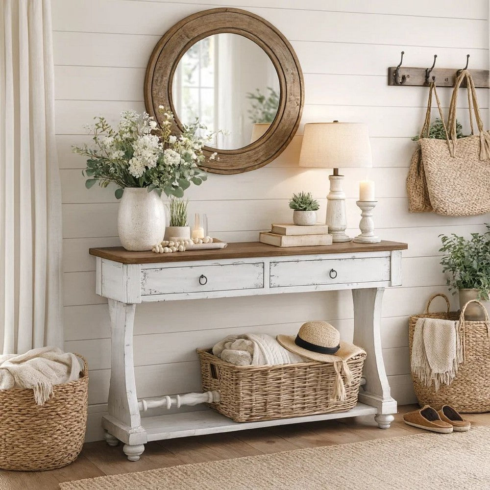 48 Inch 2 Drawer Console Table, Ring Metal Handles, Distressed White