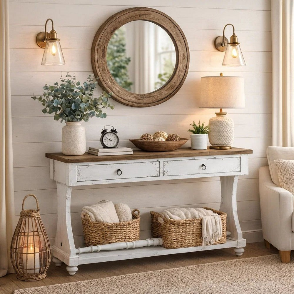 48 Inch 2 Drawer Console Table, Ring Metal Handles, Distressed White