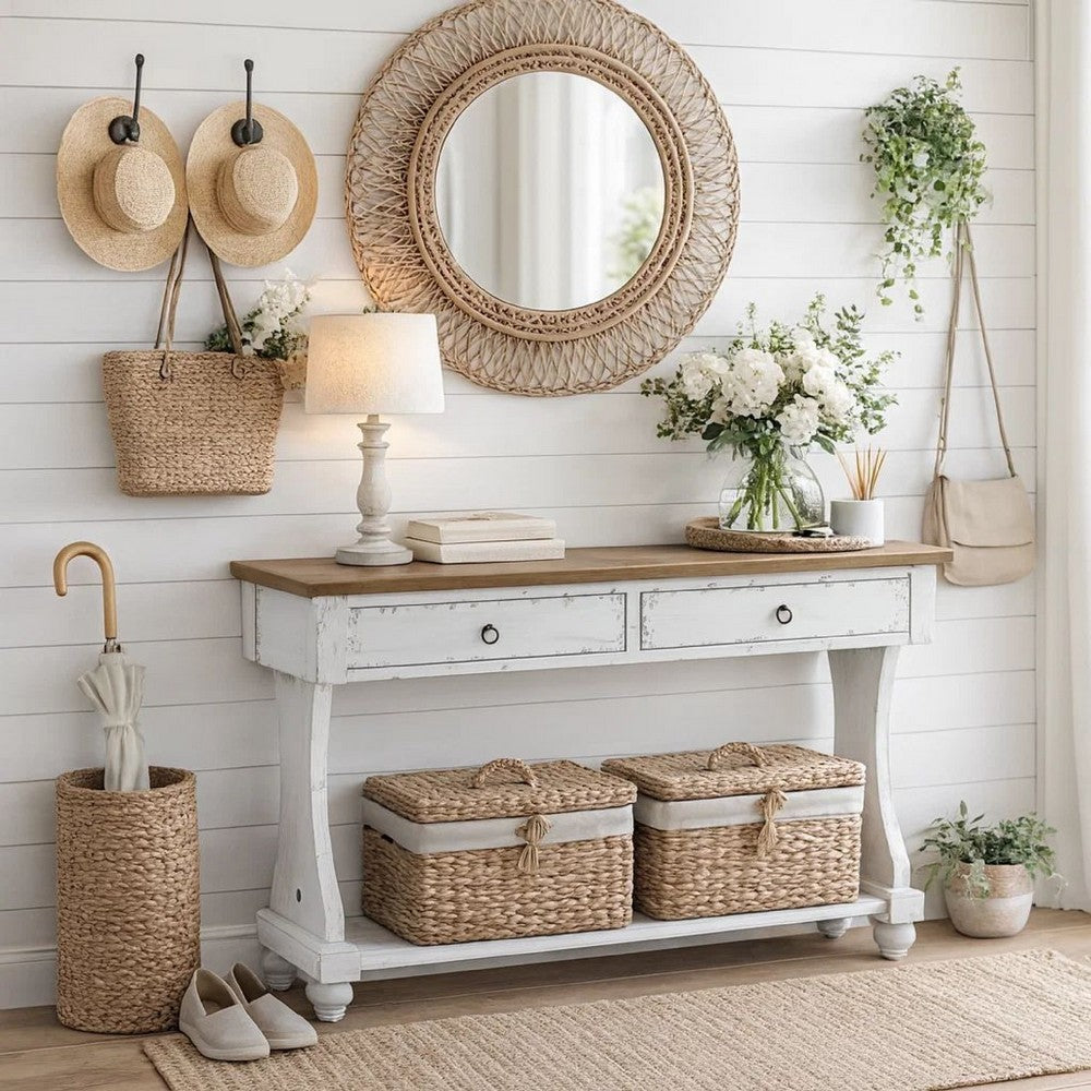48 Inch 2 Drawer Console Table, Ring Metal Handles, Distressed White