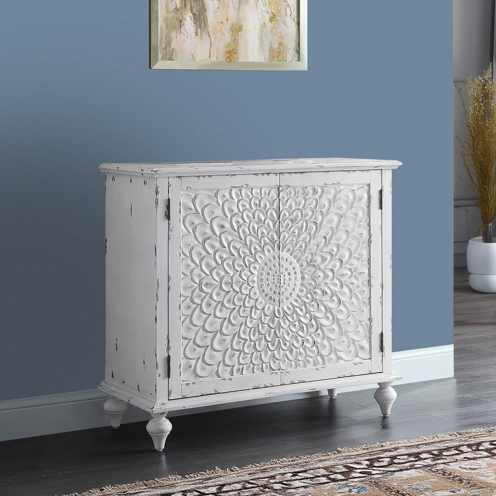 36 Inch Wood Console Buffet Cabinet, Carved Floral Pattern, Antique White By Casagear Home
