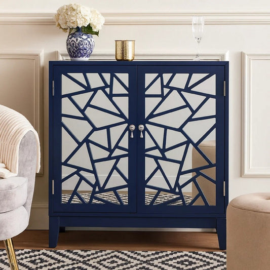 33 Inch 2 Door Mirrored Console Sideboard Cabinet with Shelf, Blue