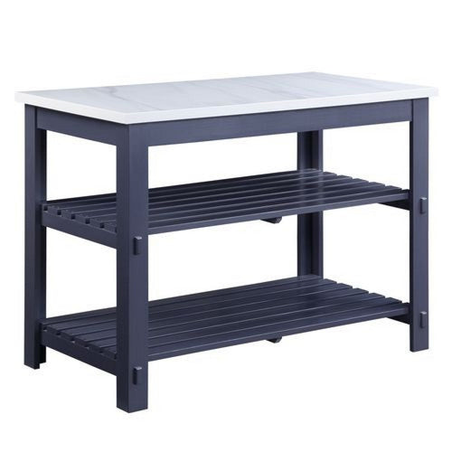 50 Inch Kitchen Island, Faux Marble Top, 2 Slatted Shelves, Gray