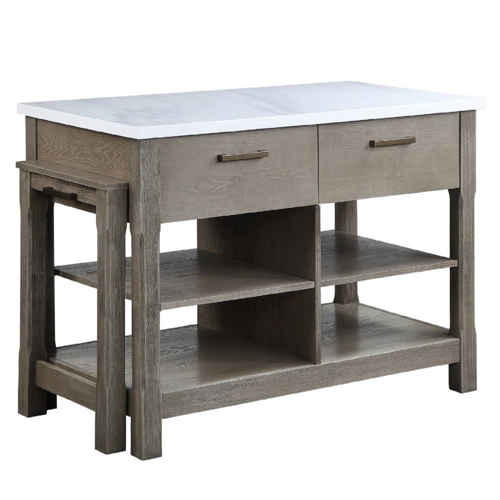 50 Inch Wood Kitchen Island, Faux Marble Top, Pull Out Table, Gray