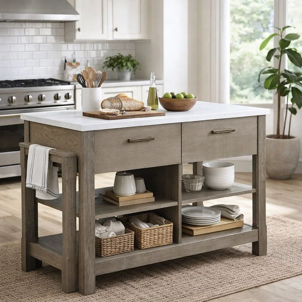 50 Inch Wood Kitchen Island, Faux Marble Top, Pull Out Table, Gray