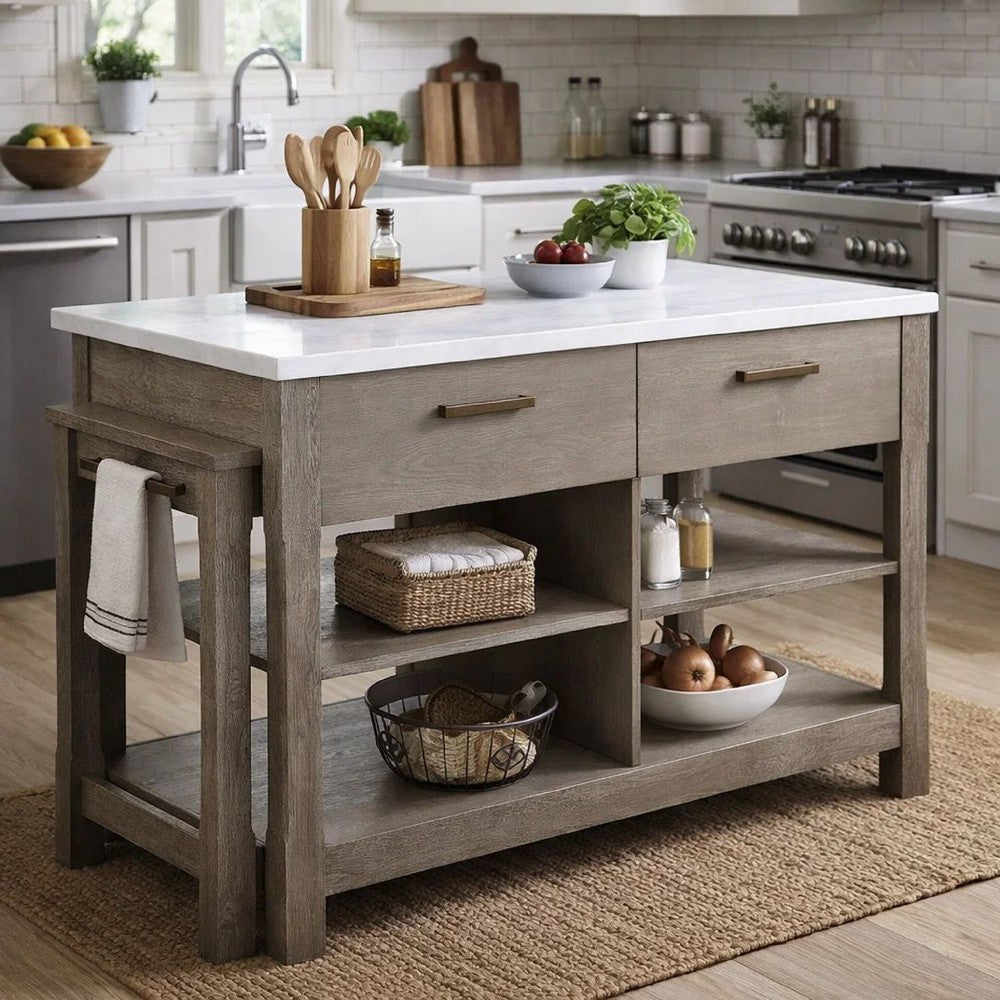 50 Inch Wood Kitchen Island, Faux Marble Top, Pull Out Table, Gray