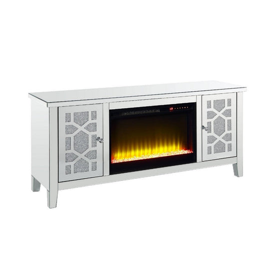 59 Inch Doe Mirrored TV Stand, Timer Fireplace, Acrylic Diamond, Silver