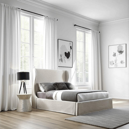 Shia Upholstered Storage Queen Bed, Wing Headboard, Skirted Panel, Beige