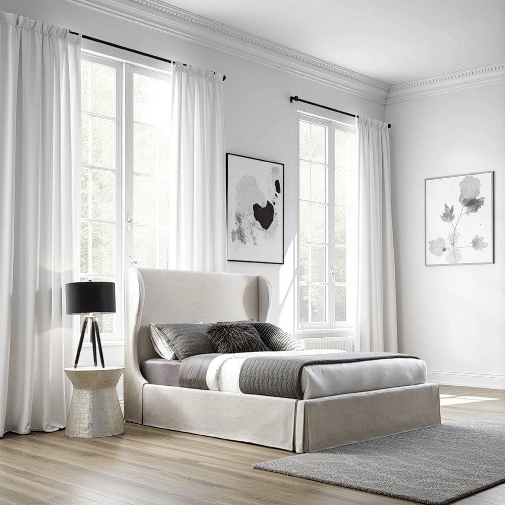 Shia Upholstered Storage Queen Bed, Wing Headboard, Skirted Panel, Beige