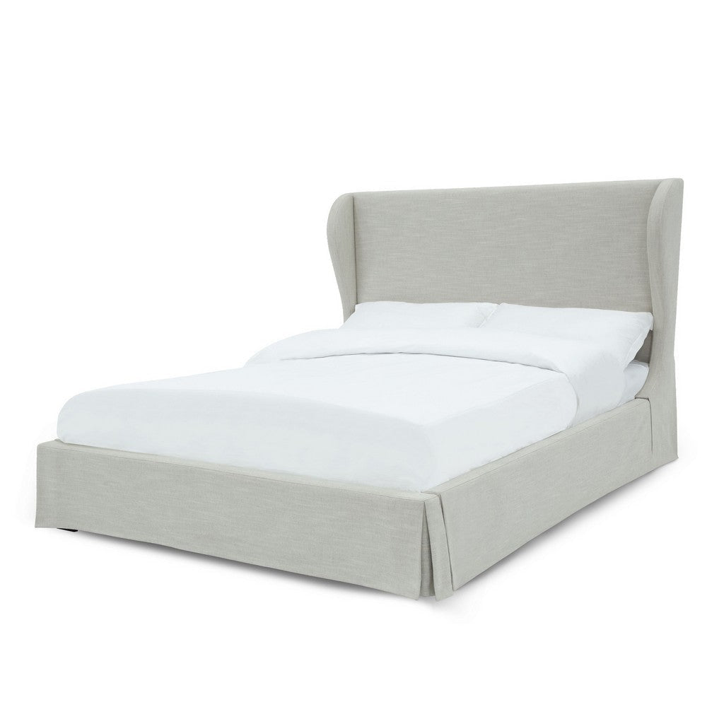 Shia Upholstered Storage Queen Bed, Wing Headboard, Skirted Panel, Beige