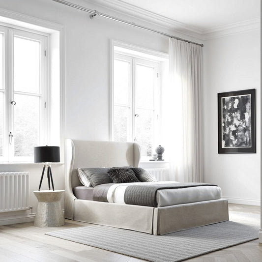 Shia Upholstered Storage California King Bed, Wing Headboard, Skirt, Beige