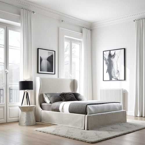 Shia Upholstered Queen Size Skirted Panel Bed with Wing Headboard, Beige