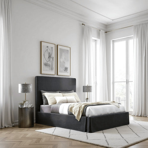 Cove Upholstered Queen Size Skirted Panel Bed with Storage, Black