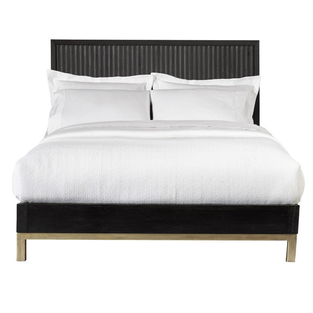 Carl Mahogany Wood Platform Queen Bed, Brass Metal Base, Oak Black, Gold