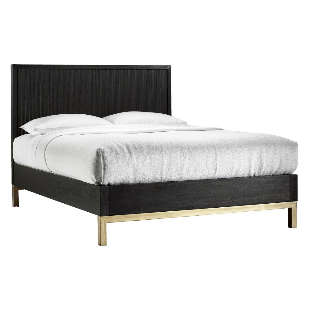 Carl Mahogany Wood Platform Queen Bed Brass Metal Base Oak Black Gold BM273343